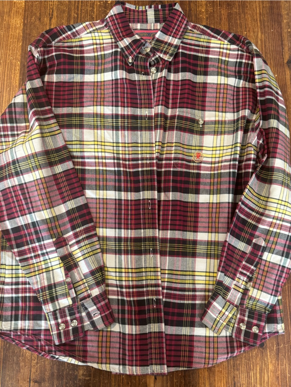 Wrangler Red Plaid Button-Down Shirt with Yellow and White Accents